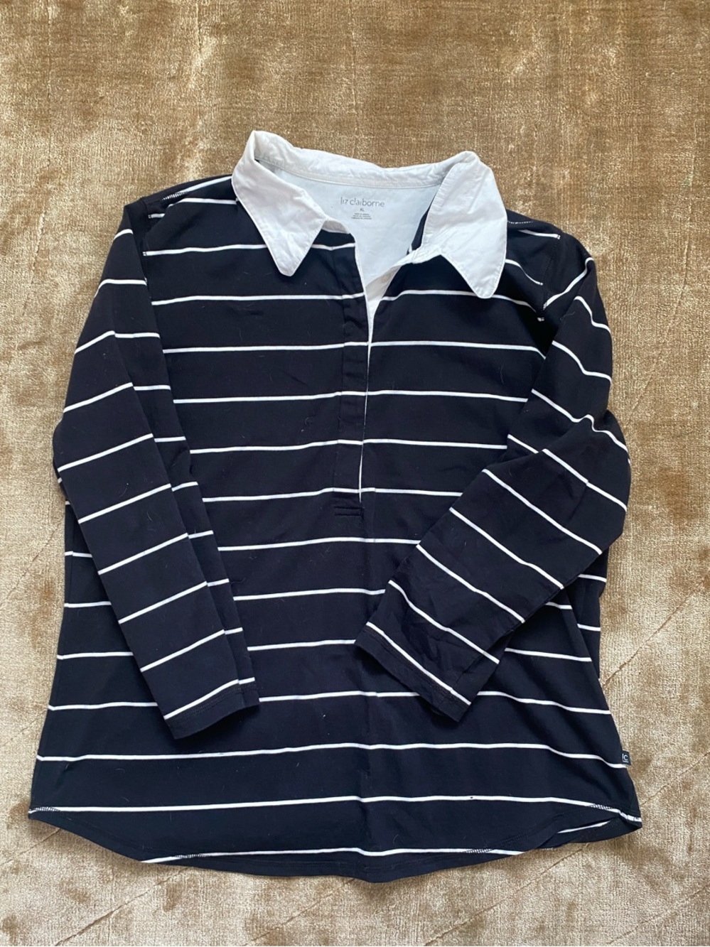 Liz Claiborne Navy and White Striped Button-Down Polo Shirt